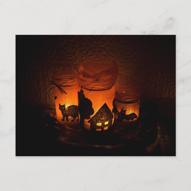 Halloween Black Cat med luminaries och Fladdermöss Vykort (Framsida)