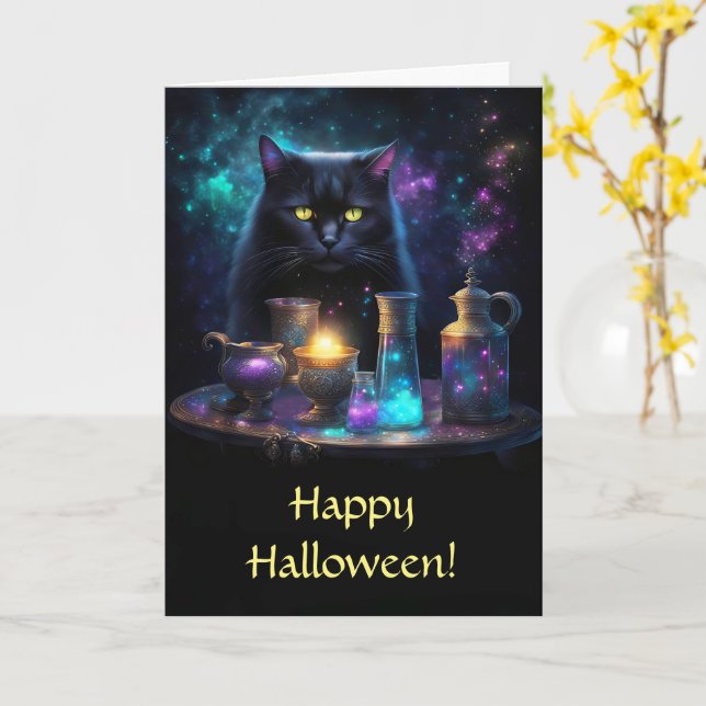 Halloween Black Cat med Magic Mystical Posts Kort (Gul blomma)