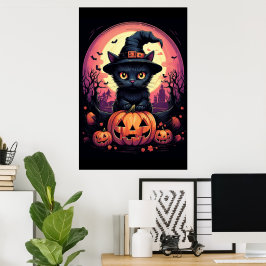 Halloween Black CAT med Pumpkin och Witch HAT Poster