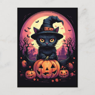 Halloween Black CAT med Pumpkin och Witch HAT Vykort