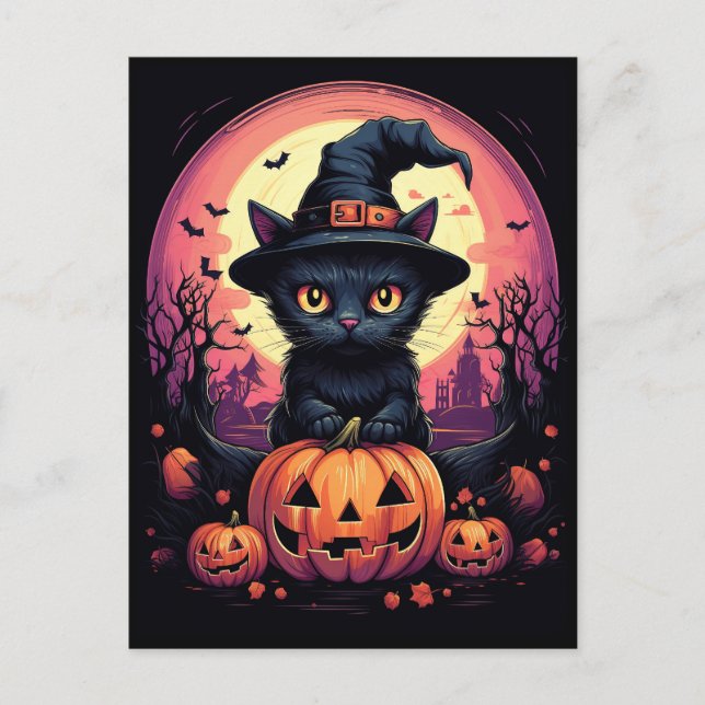 Halloween Black CAT med Pumpkin och Witch HAT Vykort (Framsida)