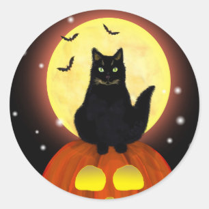 Halloween Black Cat med Pumpkin Runt Klistermärke
