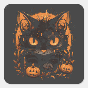 Halloween Black Cat med Pumpkins och Måne Fyrkantigt Klistermärke