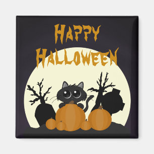 Halloween Black Cat med Pumpkins på Graveyard Magnet
