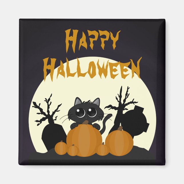 Halloween Black Cat med Pumpkins på Graveyard Magnet (Framsidan)