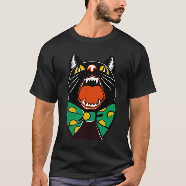 Halloween Black Cat Meowing With Large Green Polka T Shirt (Framsida)