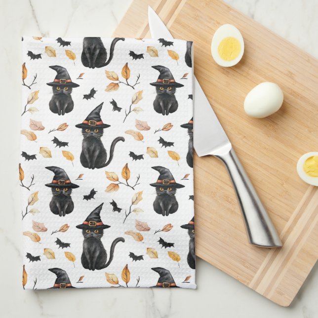 Halloween Black Cat Mönster - Witchy Cat Kökshandduk (Vikt i Fjärdedel)