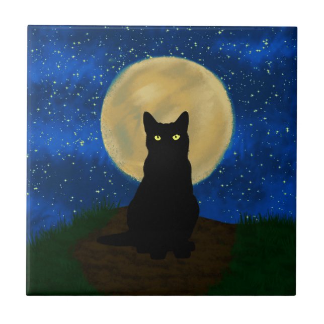 Halloween Black Cat Moonlit Silhouette  Kakelplatta (Framsidan)