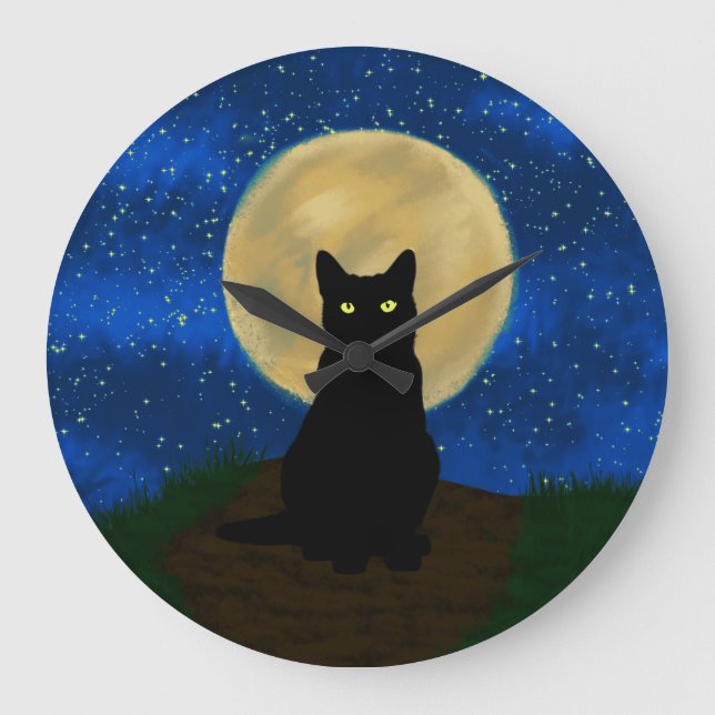 Halloween Black Cat Moonlit Silhouette Stor Klocka (Framsida)