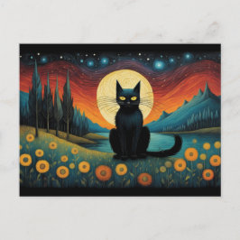Halloween Black Cat Mountain Lakeside Full Moon Vykort