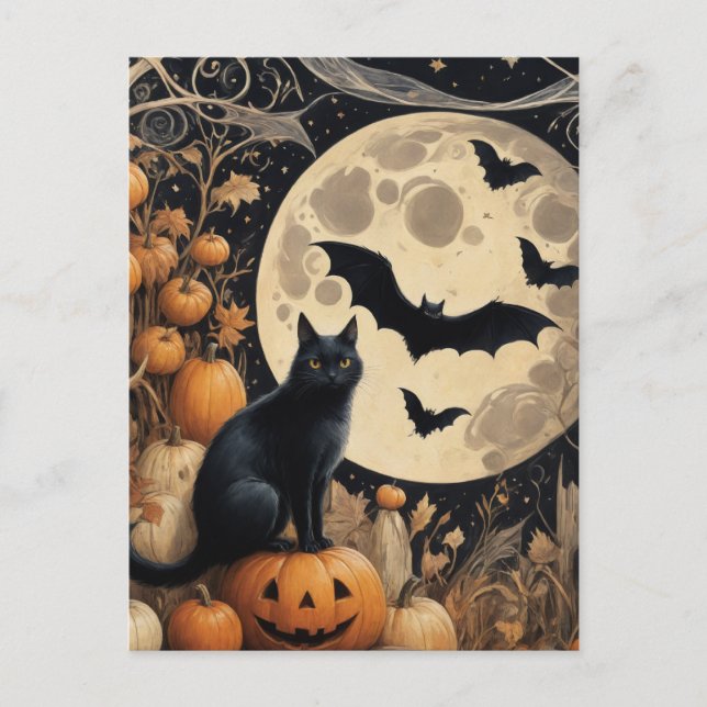 Halloween Black Cat och Fladdermus Vykort (Framsida)
