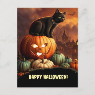 Halloween Black Cat och Jack O'Lantern Cute Helg Vykort