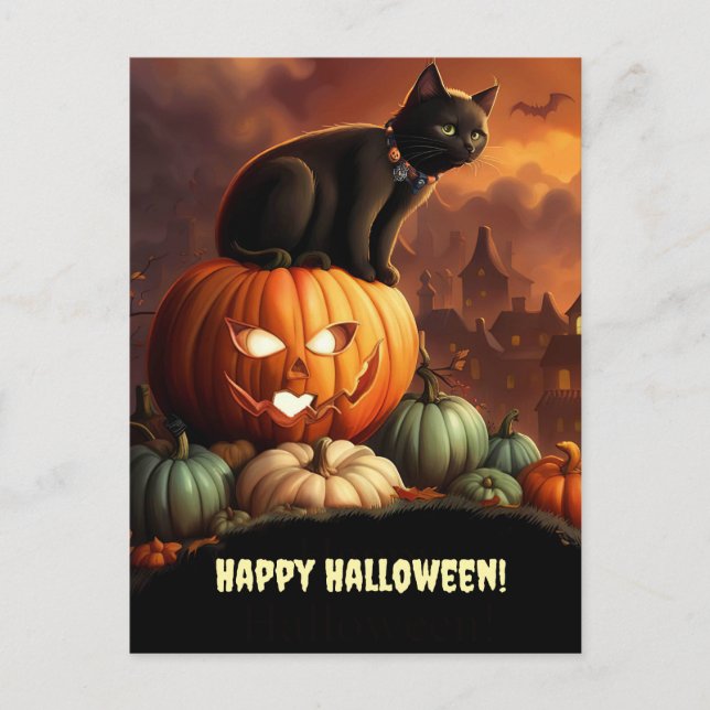 Halloween Black Cat och Jack O'Lantern Cute Helg Vykort (Framsida)