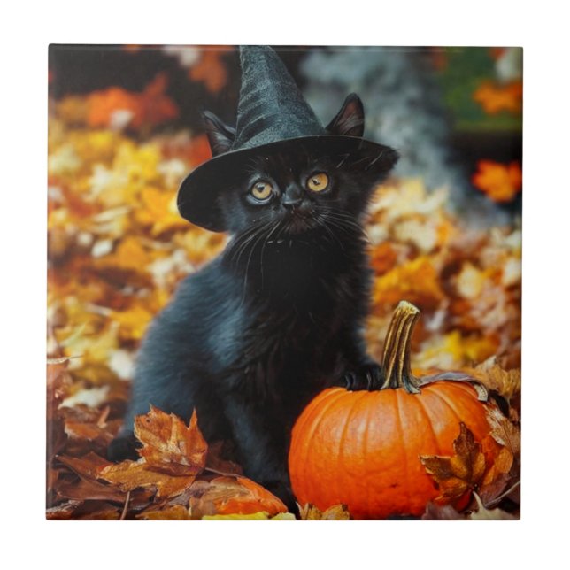 Halloween Black Cat och Pumpkin Kakelplatta (Framsidan)