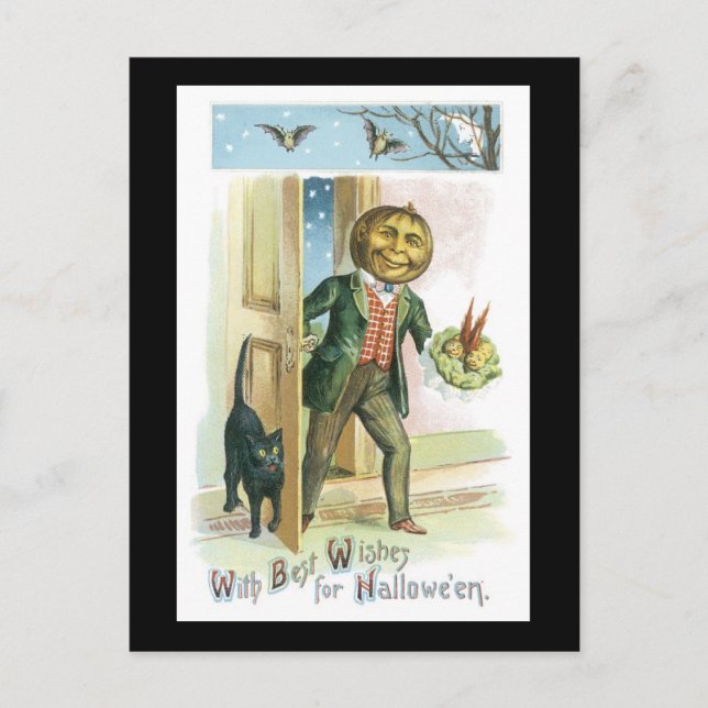 Halloween Black Cat och Pumpkin Man Vykort (Framsida)