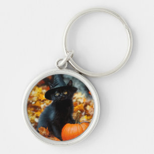 Halloween Black Cat och Pumpkin Rund Silverfärgad Nyckelring