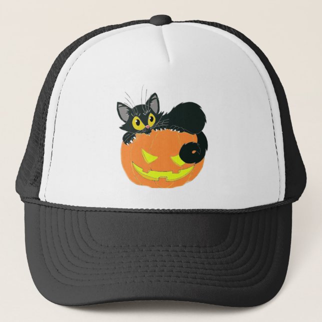 Halloween Black Cat och Pumpkin Truckerkeps (Framsida)