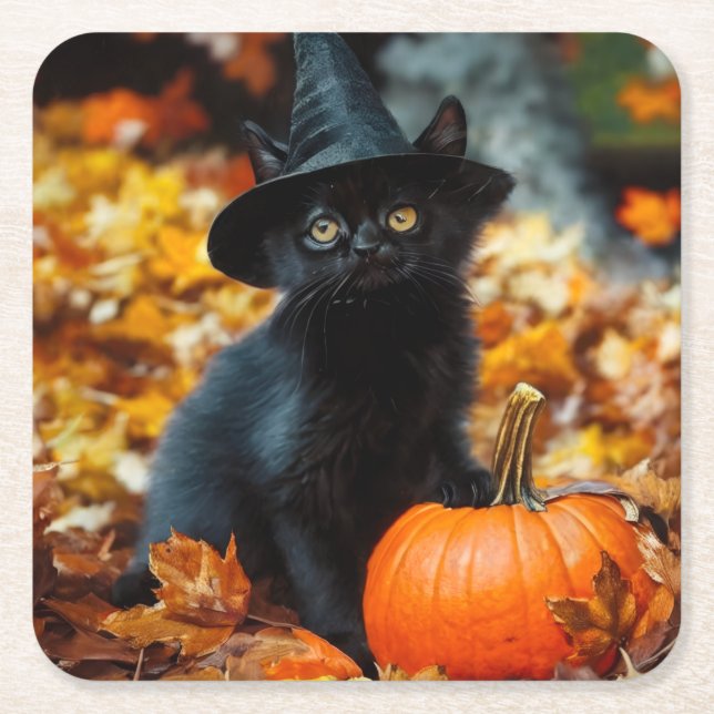 Halloween Black Cat och Pumpkin Underlägg Papper Kvadrat (Framsidan)