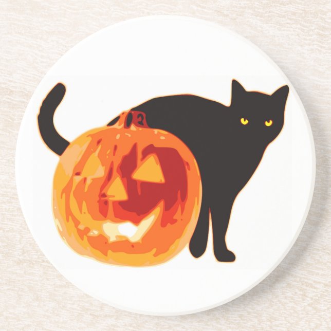 HALLOWEEN BLACK CAT OCH PUMPKIN UNDERLÄGG SANDSTEN (Framsidan)