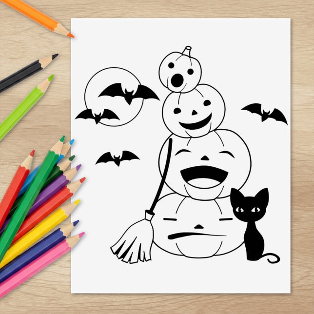 Halloween Black Cat och Pumpkins Coloring Page Stämpel (Skapare uppladdad)