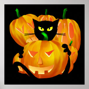 Halloween Black Cat och Pumpkins poster