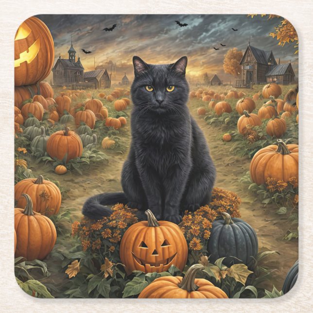 Halloween Black Cat och Pumpkins Underlägg Papper Kvadrat (Framsidan)
