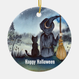 Halloween Black Cat och Witch Starry Natt Julgransprydnad Keramik