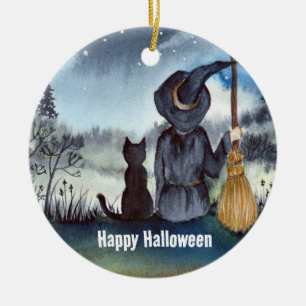 Halloween Black Cat och Witch Starry Natt Julgransprydnad Keramik