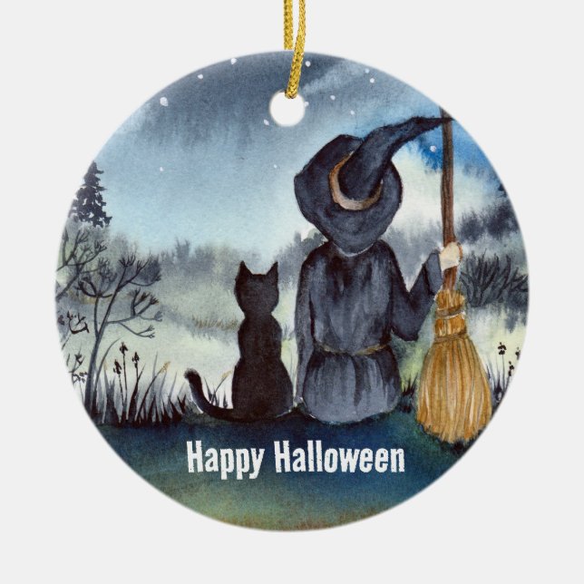 Halloween Black Cat och Witch Starry Natt Julgransprydnad Keramik (Framsidan)