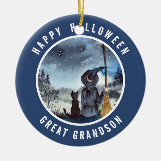 Halloween Black Cat och Witch Starry Natt Julgransprydnad Keramik (Framsidan)