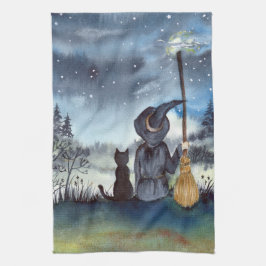 Halloween Black Cat och Witch Starry Natt Kökshandduk