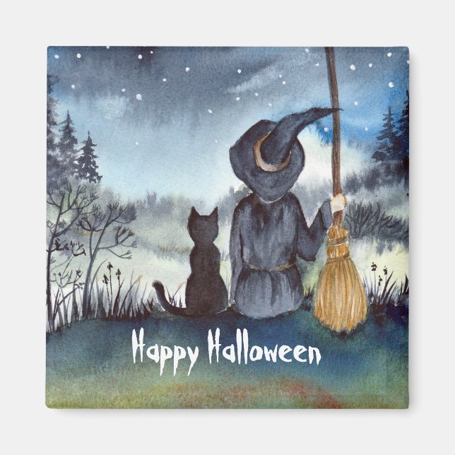 Halloween Black Cat och Witch Starry Natt Magnet (Framsidan)