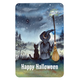 Halloween Black Cat och Witch Starry Natt Magnet