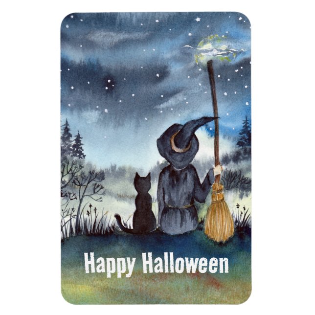 Halloween Black Cat och Witch Starry Natt Magnet (Vertikal)