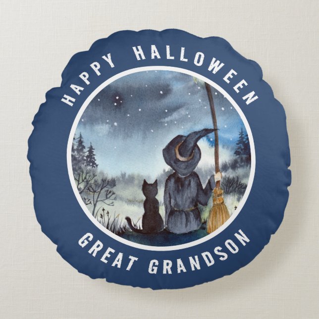 Halloween Black Cat och Witch Starry Natt Rund Kudde (Framsidan)