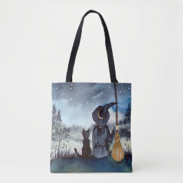 Halloween Black Cat och Witch Starry Natt Tygkasse