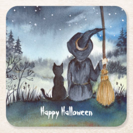 Halloween Black Cat och Witch Starry Natt Underlägg Papper Kvadrat