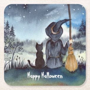 Halloween Black Cat och Witch Starry Natt Underlägg Papper Kvadrat