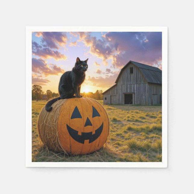 Halloween Black Cat On Pumpkin Hay Bale Pappersservett (Framsidan)
