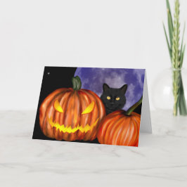 Halloween Black Cat Orange Pumpkins Art Kort