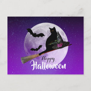 Halloween Black Cat på Broom Full Moon Helg Vykort