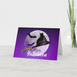 Halloween Black Cat på Broom Full Moon Kort
