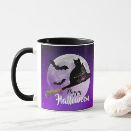 Halloween Black Cat på Broom Full Moon Mugg