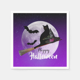 Halloween Black Cat på Broom Full Moon Pappersservett