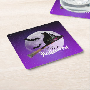 Halloween Black Cat på Broom Full Moon Underlägg Papper Kvadrat