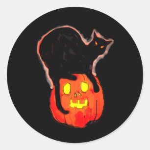 Halloween Black Cat på Glowing Orange Pumpkin Runt Klistermärke