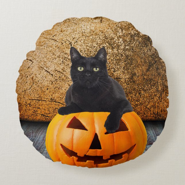 Halloween Black Cat på Pumpkin Round Dekorativ kud Rund Kudde (Framsidan)