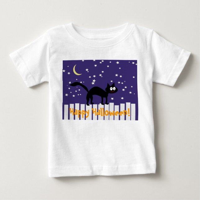 Halloween Black Cat på stängslet T Shirt (Framsida)