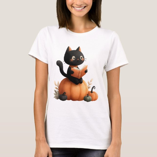 Halloween Black Cat Pumpkin Design T Shirt (Framsida)