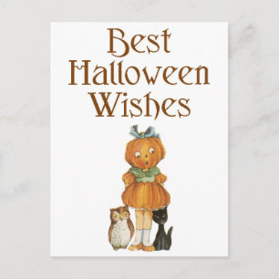 Halloween Black Cat, Pumpkin Girl and Uggla Vykort